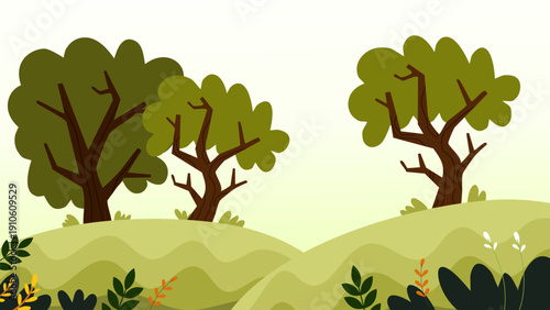 beautiful green valley with leafy trees and rolling hills in summer