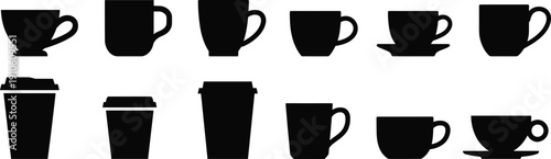 Set of black coffee cup and takeaway mug silhouettes vector icons collection isolated on white background for cafe branding design templates