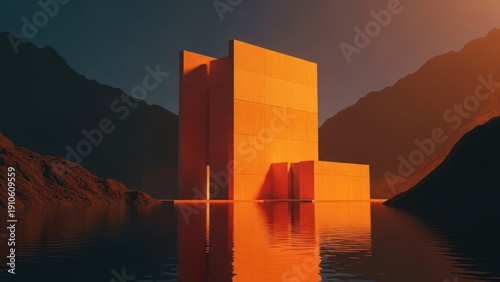 Abstract orange building reflected in calm water at sunset