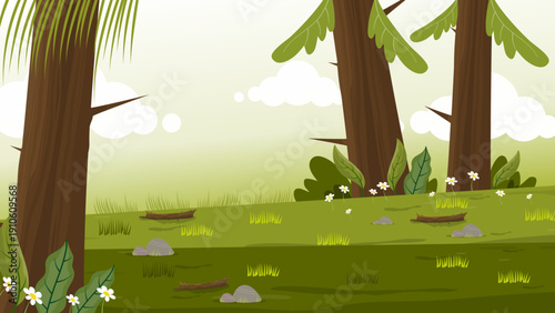 pine forest edge with green grass and small rocks in spring