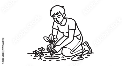 A young person kneeling on the ground, planting a small plant with care and attention to detail.