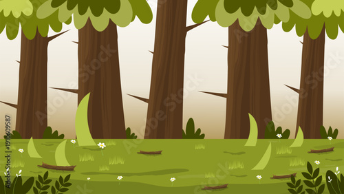 interior view of deep forest with many tall brown tree trunks