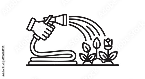 A hand watering plants with a hose, nurturing growth, simple illustration, close-up view