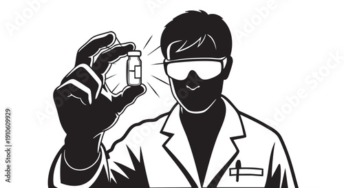 Scientist in lab coat holding a vial with protective gear on, viewed from the front