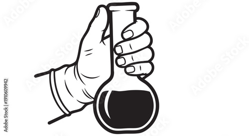 A hand holding a flask containing a dark liquid, illustrated in a simple black and white style