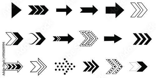 A collection of various black and white arrow icons in different styles and patterns for navigation and direction