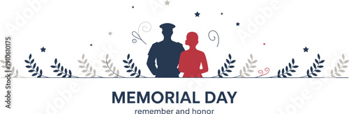 Memorial Day tribute, soldier and civilian silhouettes, patriotic remembrance, honor, sacrifice, respect, unity, freedom, flat vector illustration design