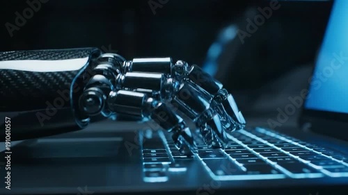 A robotic hand types on a laptop, symbolizing the future of artificial intelligence, automation, and technology. This footage is perfect for content about innovation and machine learning.