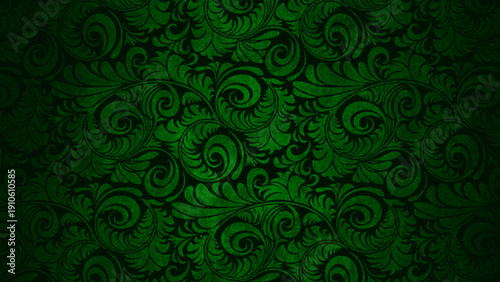 Konstfotografi Dark green damask pattern with intricate swirling leaf designs on luxurious fabr