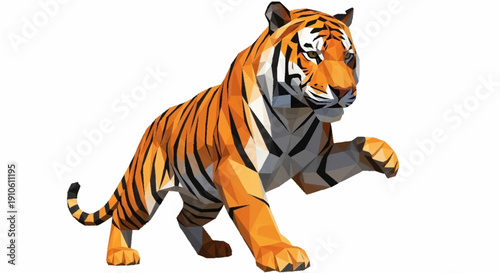 Majestic Orange Tiger with Black Stripes Standing on White Background.