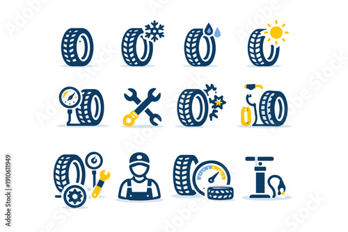 Detailed Automotive Tire Care and Maintenance Service Icons Collection, Illustrating Seasonal Conditions, Repair Processes, and Essential Workshop Tools for Vehicle Safety and Performance