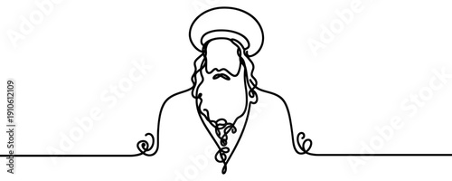 Portrait of a bearded man in a hat in one line art style. Figure drawn with one continuous black line. Vector illustration.