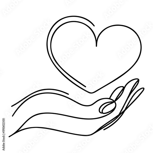 A human hand gently holding a heart in one line art style. Concept of love, mercy, and charity drawn with one continuous black line. Vector illustration.