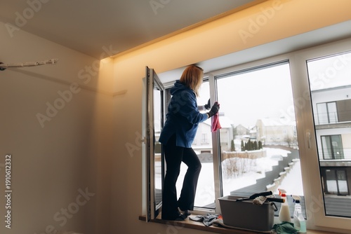 Woman cleaning window glass in a home during winter