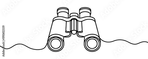 Binoculars in one line art style. Concept of search, vision, discovery, and business strategy drawn with one continuous black line. Vector illustration.