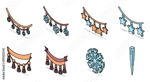 A collection of colorful holiday ornaments including tassels, snowflakes, and stars in a modern vector style, ideal for festive designs