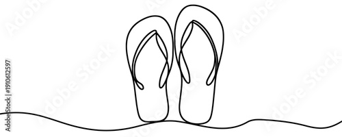 A pair of beach flip-flops in one line art style. Minimalist illustration of summer footwear for vacation drawn with one continuous black line. Vector illustration.