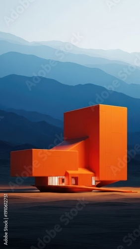 Modern orange structure with mountain background illustration