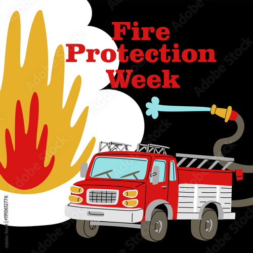 Fire Protection Week square banner with truck and water hose extinguishing flame. Flat vector illustration for rescue service social media, professional holiday posters or safety projects