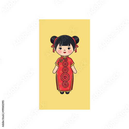 A cartoon girl wearing a traditional Chinese dress stands against a yellow background.