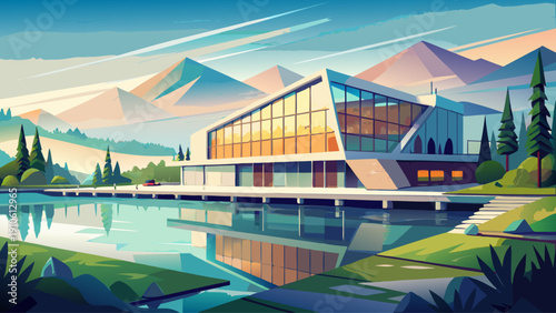 Very beautiful exterior view of a contemporary glass academic building on a lakeside university campus, blending innovative design with tranquil waterfront surroundings.
