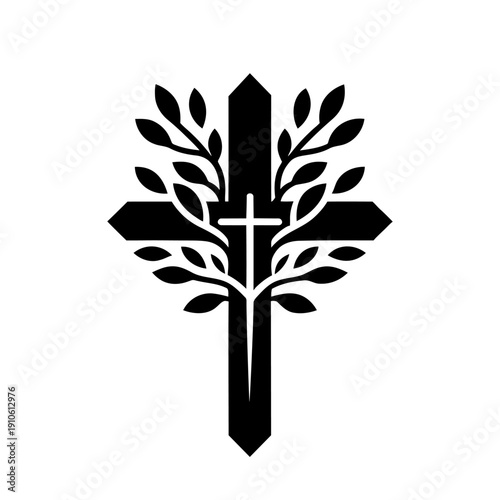 Christian cross with pointed edges combined with a silhouette of a tree or branching leafy boughs. Black silhouette icon isolated on white background.