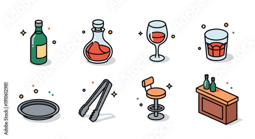 A collection of barware items including bottles, glasses, and tongs in a modern flat vector style, ideal for beverage-related designs