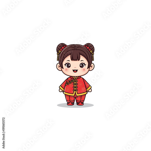 A smiling cartoon girl in traditional red Chinese clothing stands on a white background.