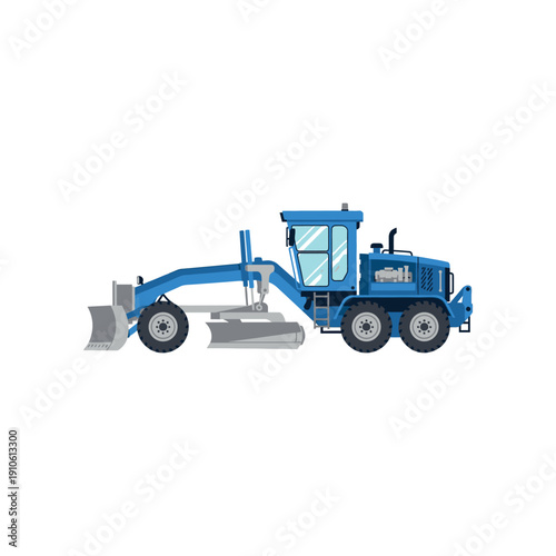 Blue heavy machinery vehicle illustration on white background, showcasing industrial equipment and construction machinery in a detailed graphic representation.