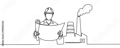 Engineer with blueprints and factory background, one line art style. Industrial engineering and construction concept.