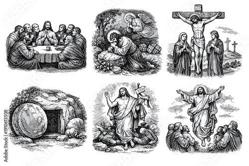 Easter bible story. Bible scenes engraving set, vintage crucifixion and resurrection sketches in woodcut style