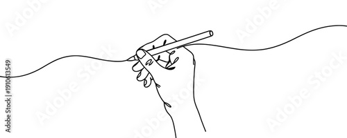 Hand holding a pen and drawing a smooth line, one line art style. Concept of creativity, calligraphy, signing documents, or art.