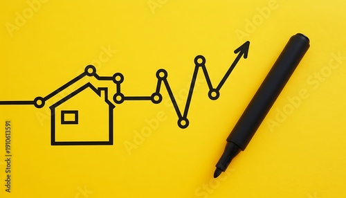Marker pen beside house and rising line chart icon on yellow background, real estate market growth, mortgage rates, property investment concept, minimal flat lay
