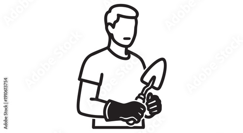 Man holding a trowel and planting something in a pot from a top view