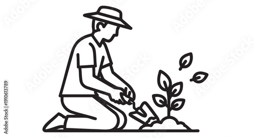 Man kneeling to nurture a young plant in a simple line drawing from a side view