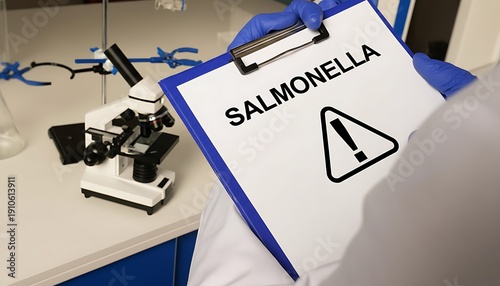 Clipboard salmonella warning sign with alert triangle icon held by gloved laboratory worker beside microscope, concept of foodborne illness testing and contamination risk
