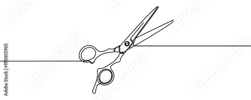 Scissors in line art style. Minimalist drawing of sharp scissors made in a single continuous line. Vector illustration for craft, sewing, design, or barber themes.