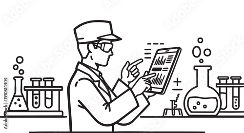 Scientist examining data on a tablet amidst laboratory equipment and experiments