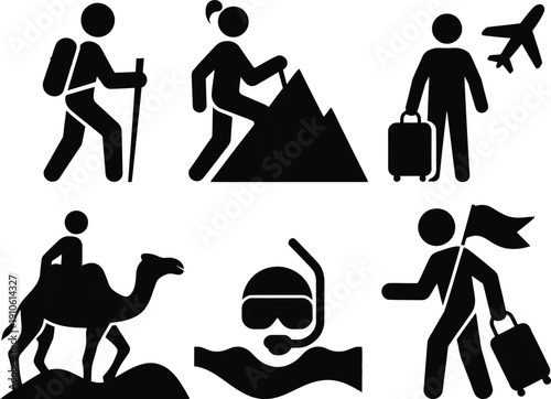 Set of black and white travel icons representing hiking, climbing, flying, camel riding, and diving