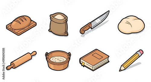 A collection of baking tools including bread, knife, flour sack, rolling pin, and dough in flat vector style, suitable for culinary projects