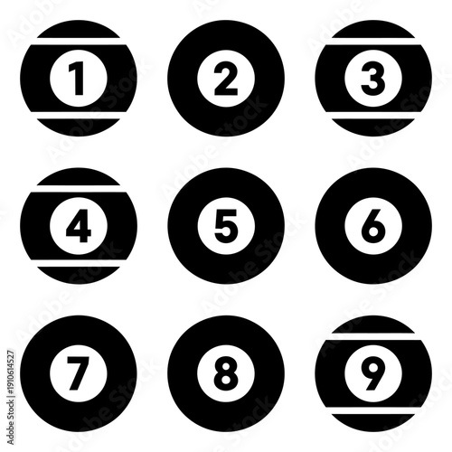 A set of black silhouette icons of billiard balls numbered from 1 to 9. Vector illustration.