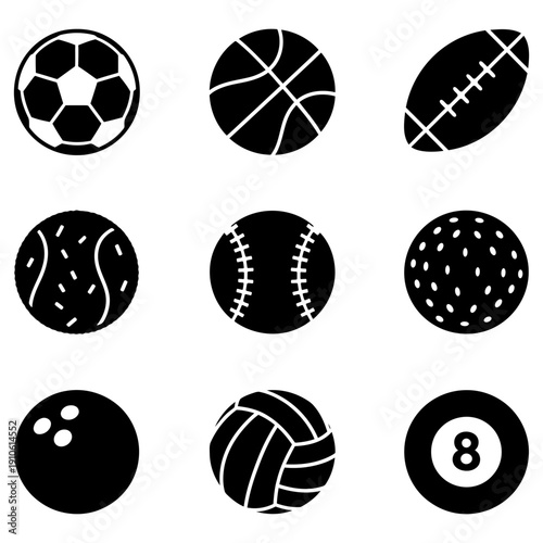 A set of black silhouette icons of various sports balls, including soccer, basketball, rugby, tennis, baseball, golf, bowling, volleyball, and a billiard ball. Vector illustration.