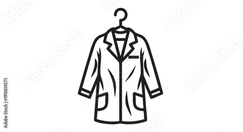Simple line drawing of a lab coat hanging on a hanger, illustrated in black lines.