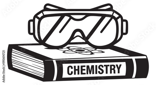 A chemistry textbook lies open with safety goggles on top viewed from a slight angle