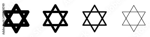 A set of Star of David icons, presented in four variations of outline style with different black line thicknesses. Vector illustration.