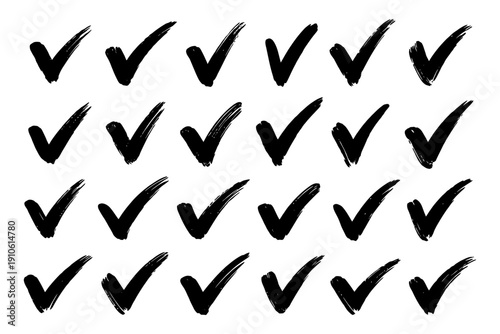 Collection of hand-drawn check marks in black brush style.