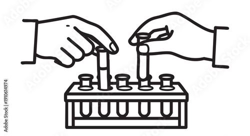 Hands holding test tubes over a rack containing multiple tubes in a laboratory setting