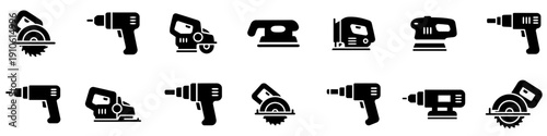 A set of black silhouette icons of various electric power tools, including drills, circular saws, jigsaws, and sanders. Flat style vector illustration.