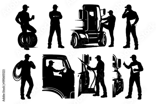 Silhouette illustrations of male truck drivers and activities.