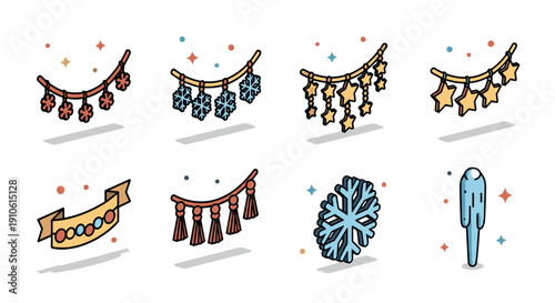 A collection of festive decorative garlands with stars, snowflakes, and colorful elements in a playful vector style, perfect for holiday celebrations and event designs